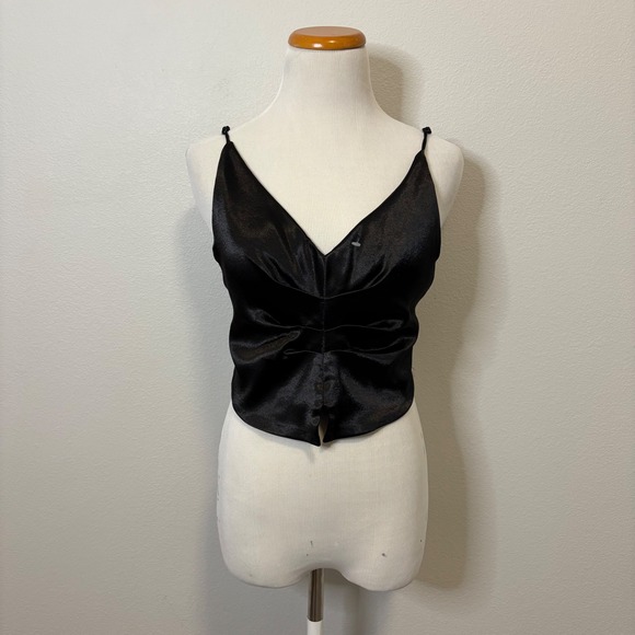 Free People NWOT Black Cami Top Satin V-Neck Sleeveless Black Crop Top Medium - Picture 1 of 5